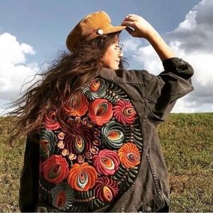 BNWT Black denim floral embroidered jacket